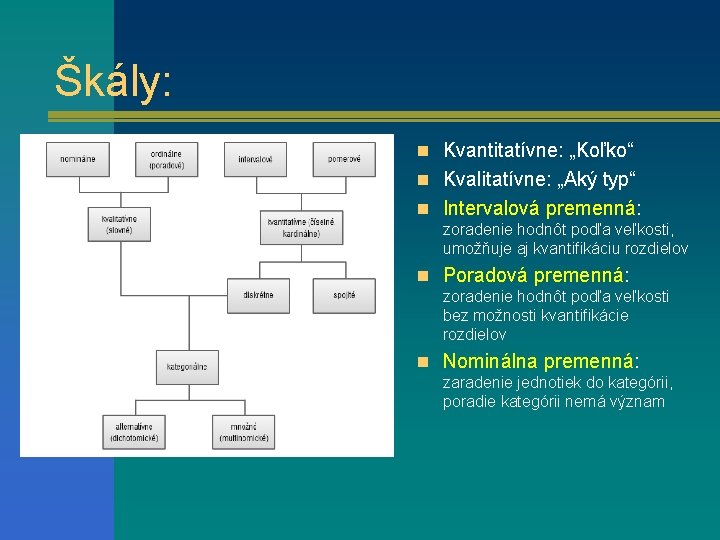 Škály: n Kvantitatívne: „Koľko“ n Kvalitatívne: „Aký typ“ n Intervalová premenná: zoradenie hodnôt podľa