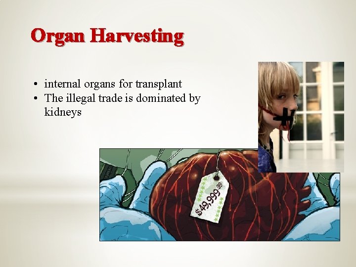 Organ Harvesting • internal organs for transplant • The illegal trade is dominated by