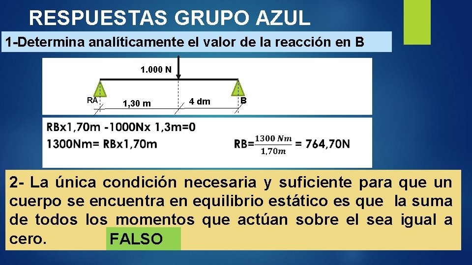RESPUESTAS GRUPO AZUL 1 -Determina analíticamente el valor de la reacción en B 1.