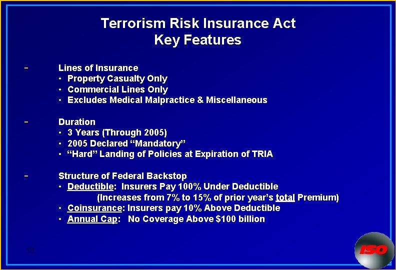 Terrorism Risk Insurance Act Key Features - Lines of Insurance • Property Casualty Only