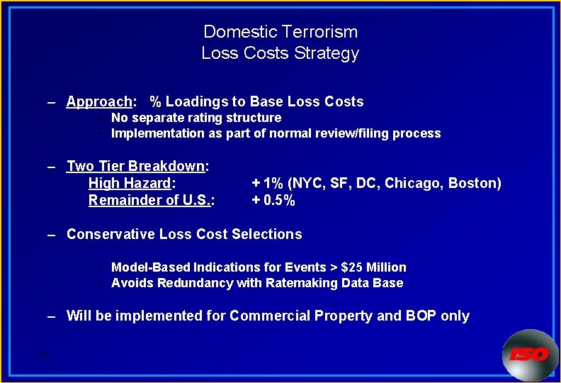 Domestic Terrorism Loss Costs Strategy – Approach: % Loadings to Base Loss Costs •
