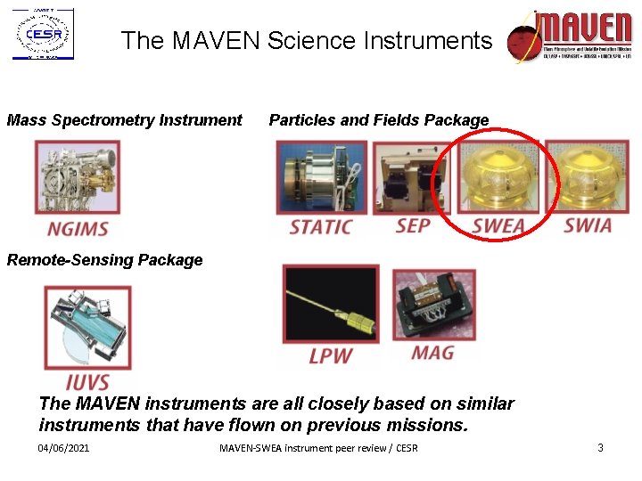 The MAVEN Science Instruments Mass Spectrometry Instrument Particles and Fields Package Remote-Sensing Package The