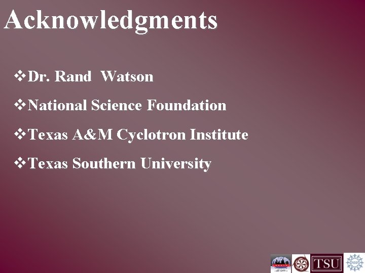 Acknowledgments v. Dr. Rand Watson v. National Science Foundation v. Texas A&M Cyclotron Institute