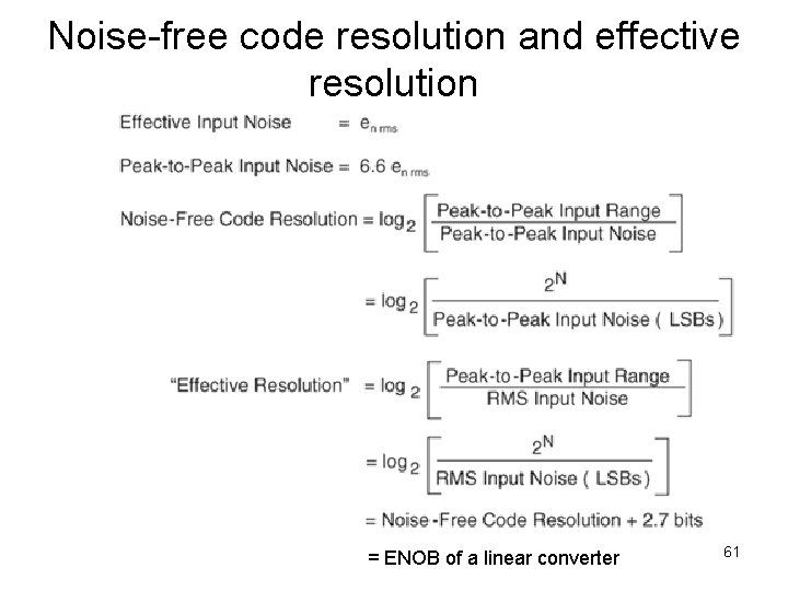 Noise-free code resolution and effective resolution = ENOB of a linear converter 61 