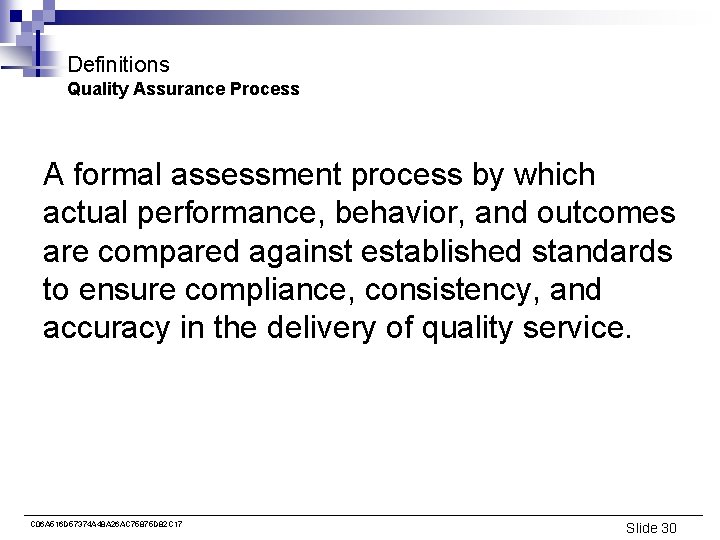 Definitions Quality Assurance Process A formal assessment process by which actual performance, behavior, and