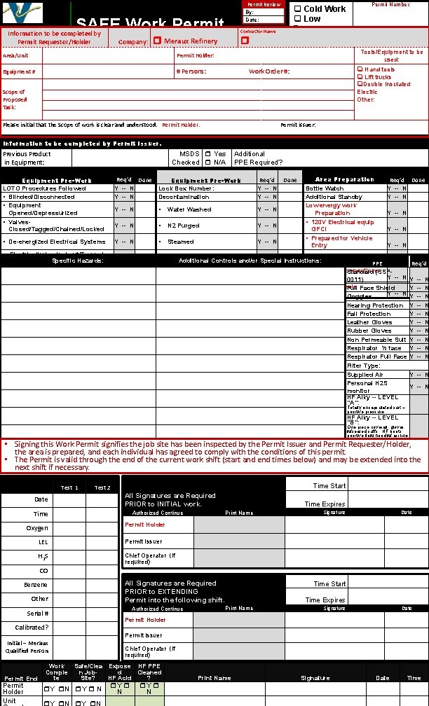 Permit Review By: Date: SAFE Work Permit Information to be completed by Permit Requestor/Holder