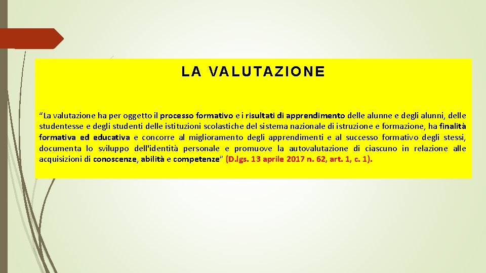 LA VALUTAZIONE “La valutazione ha per oggetto il processo formativo e i risultati di