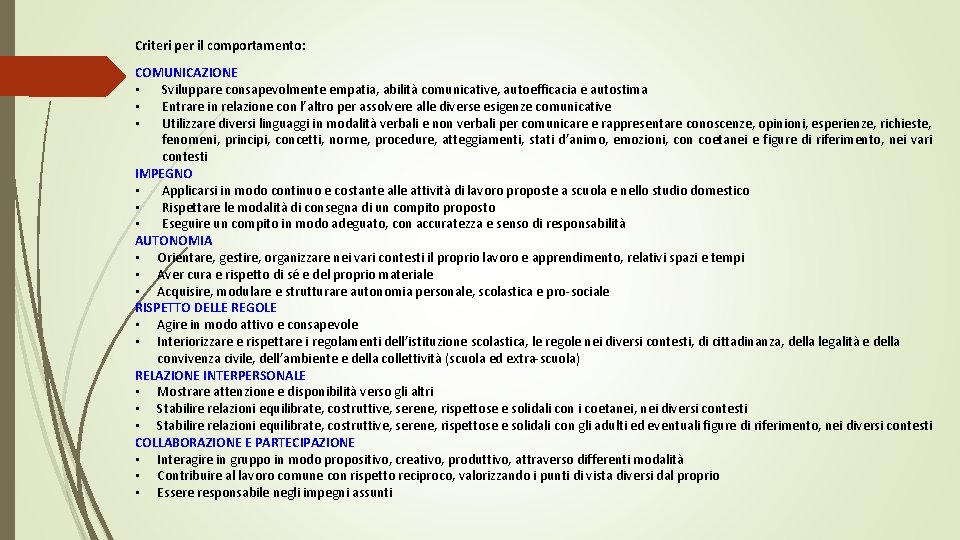 Criteri per il comportamento: COMUNICAZIONE • Sviluppare consapevolmente empatia, abilità comunicative, autoefficacia e autostima