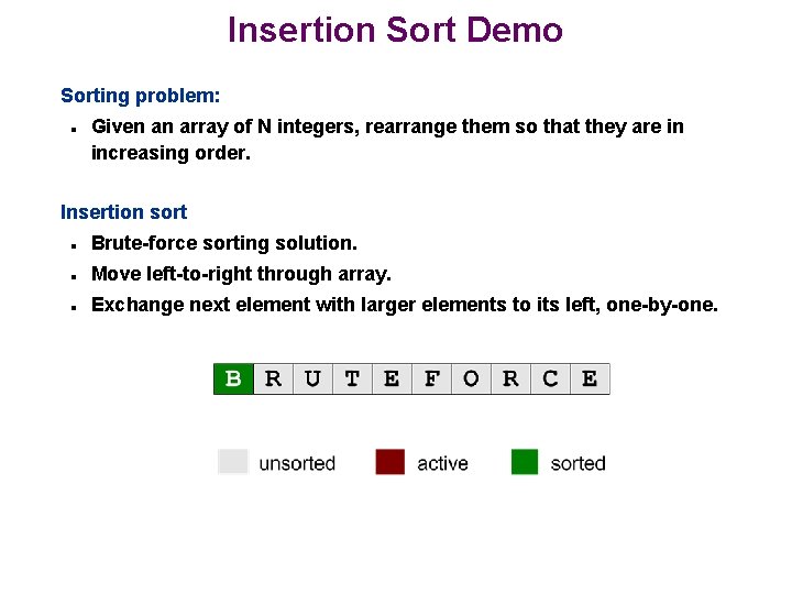 Insertion Sort Demo Sorting problem: n Given an array of N integers, rearrange them