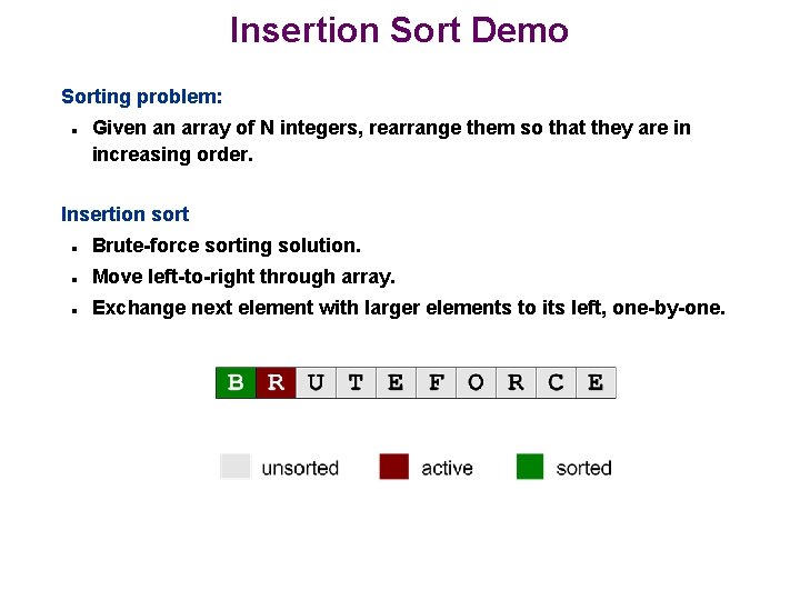 Insertion Sort Demo Sorting problem: n Given an array of N integers, rearrange them