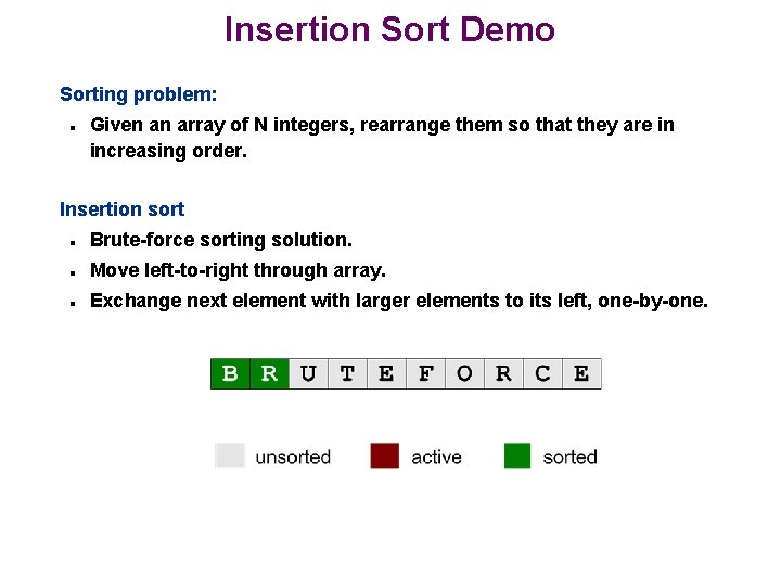 Insertion Sort Demo Sorting problem: n Given an array of N integers, rearrange them