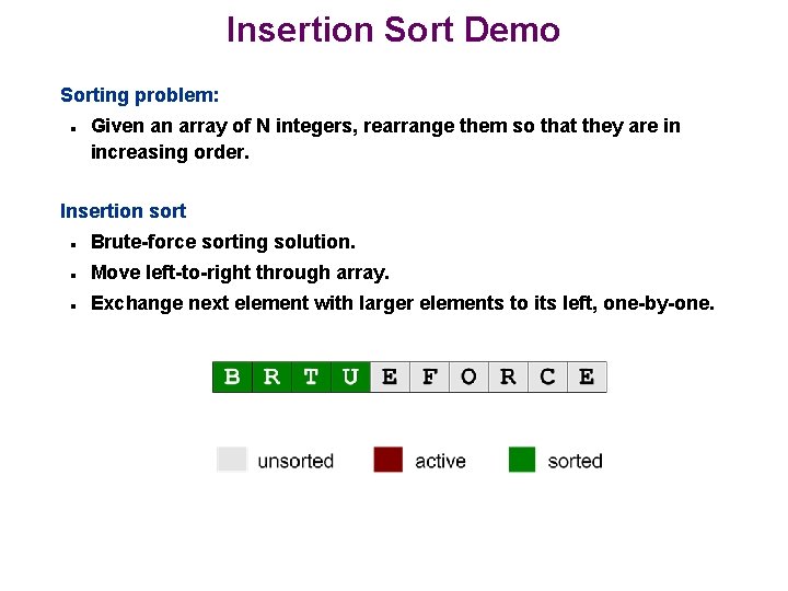 Insertion Sort Demo Sorting problem: n Given an array of N integers, rearrange them