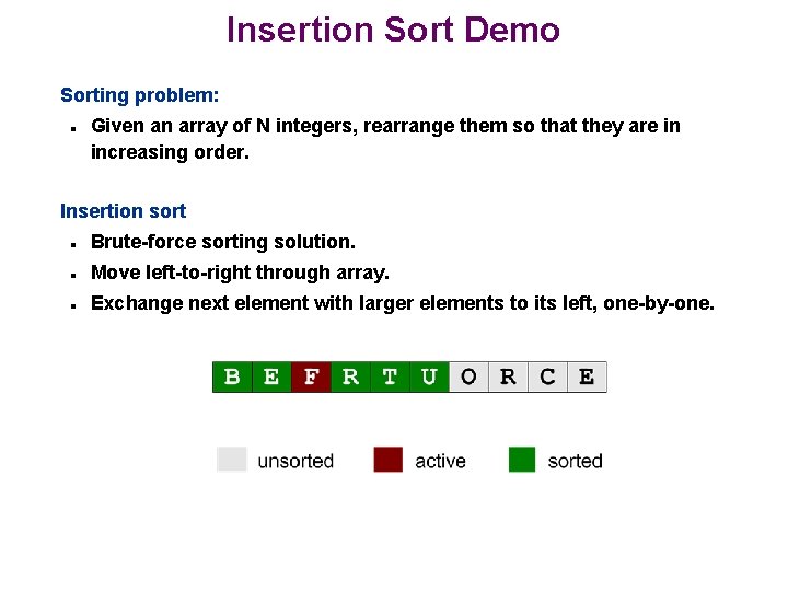 Insertion Sort Demo Sorting problem: n Given an array of N integers, rearrange them