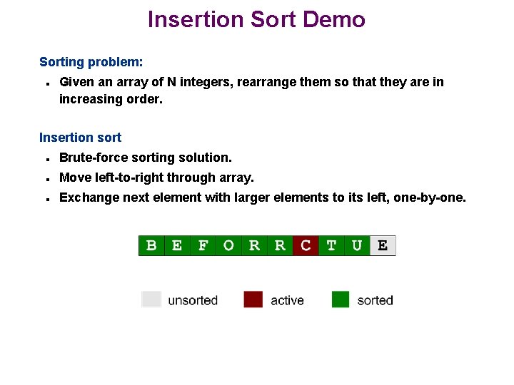 Insertion Sort Demo Sorting problem: n Given an array of N integers, rearrange them Insertion Sort Demo Sorting problem: n Given an array of N integers, rearrange them