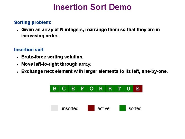 Insertion Sort Demo Sorting problem: n Given an array of N integers, rearrange them