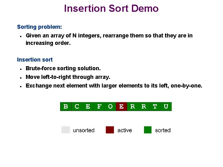 Insertion Sort Demo Sorting problem: n Given an array of N integers, rearrange them