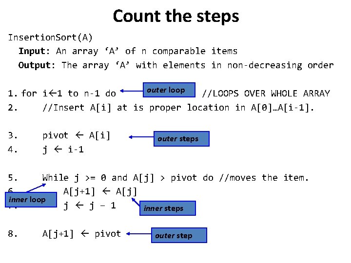 Count the steps Insertion. Sort(A) Input: An array ‘A’ of n comparable items Output: