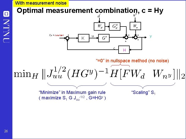 With measurement noise Optimal measurement combination, c = Hy cs = constant + -