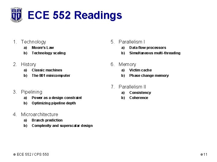 ECE 552 Readings 1. Technology a) b) Moore’s Law Technology scaling 5. Parallelism I