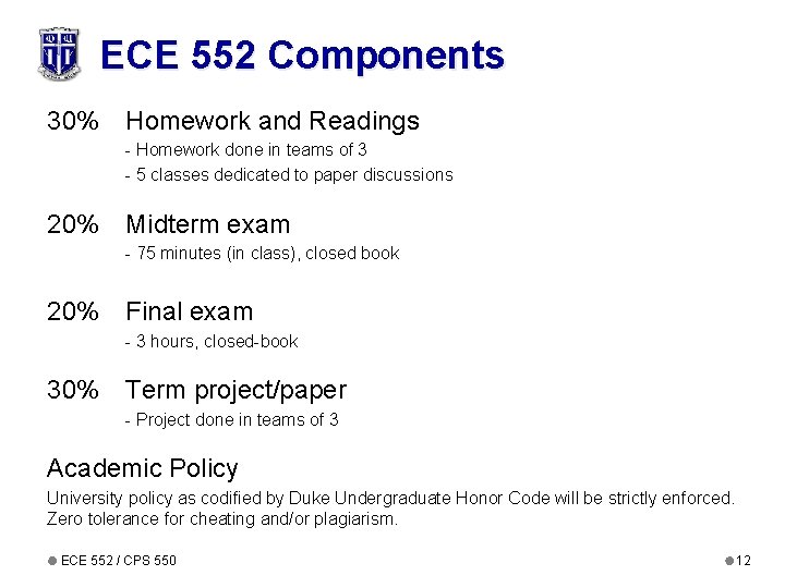 ECE 552 Components 30% Homework and Readings - Homework done in teams of 3