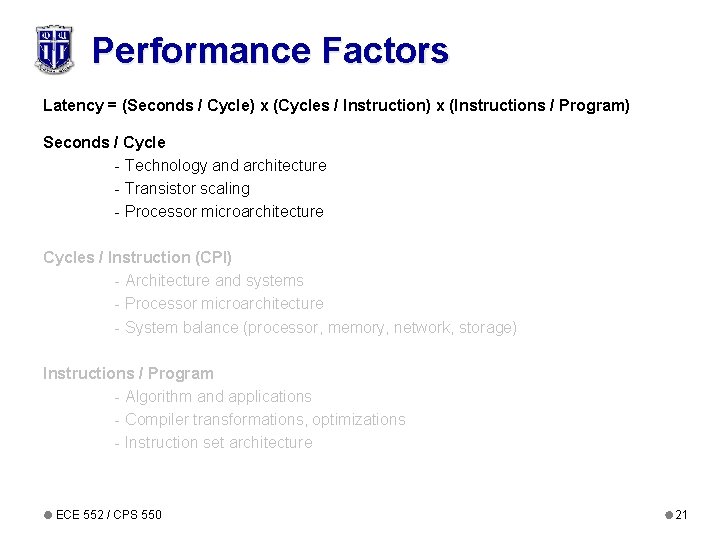 Performance Factors Latency = (Seconds / Cycle) x (Cycles / Instruction) x (Instructions /