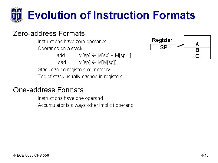 Evolution of Instruction Formats Zero-address Formats - Instructions have zero operands - Operands on