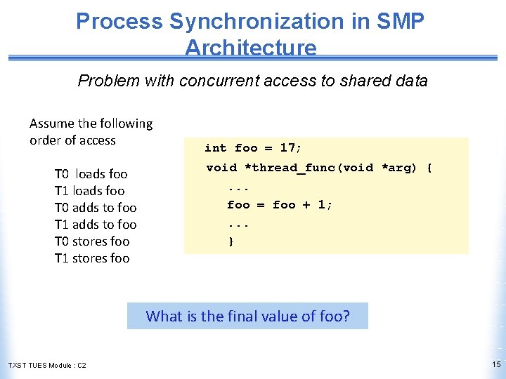 Process Synchronization in SMP Architecture Problem with concurrent access to shared data Assume the