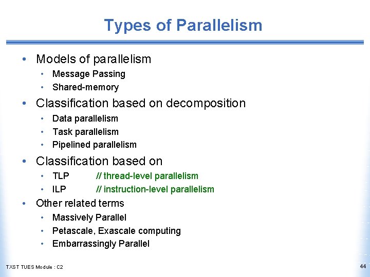 Types of Parallelism • Models of parallelism • Message Passing • Shared-memory • Classification