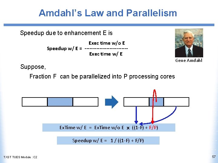 Amdahl’s Law and Parallelism Speedup due to enhancement E is Exec time w/o E