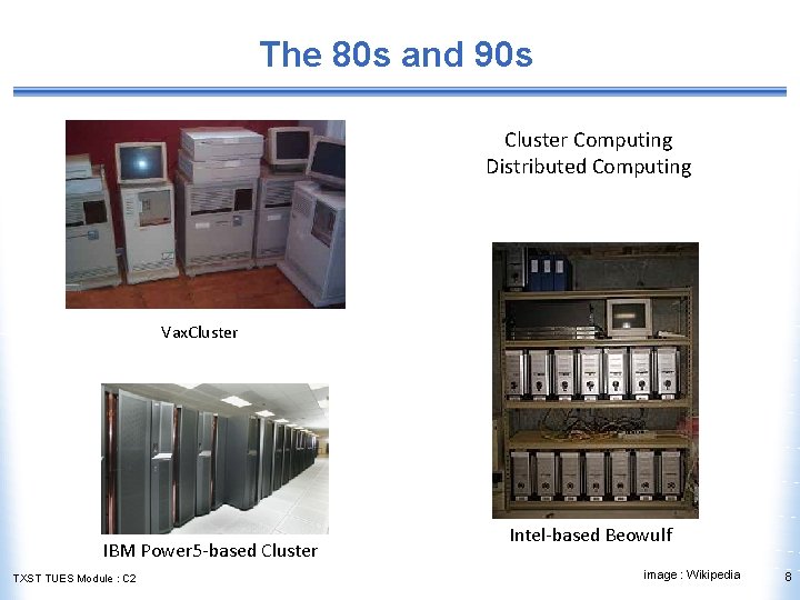 The 80 s and 90 s Cluster Computing Distributed Computing Vax. Cluster IBM Power