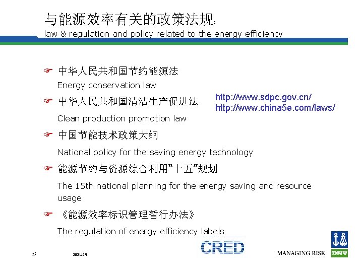 与能源效率有关的政策法规： law & regulation and policy related to the energy efficiency F 中华人民共和国节约能源法 Energy