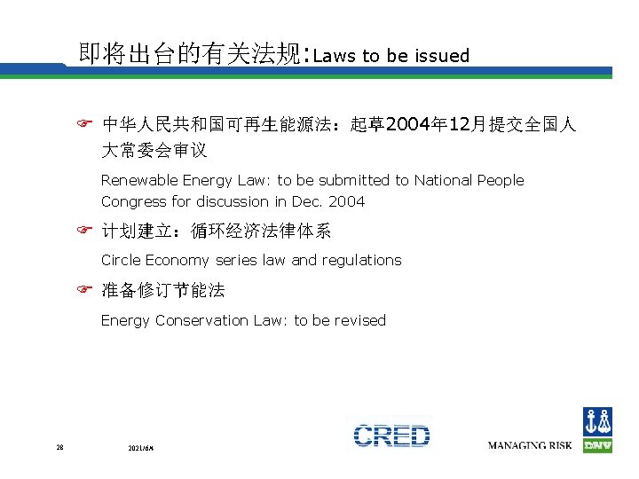 即将出台的有关法规: Laws to be issued F 中华人民共和国可再生能源法：起草2004年 12月提交全国人 大常委会审议 Renewable Energy Law: to be