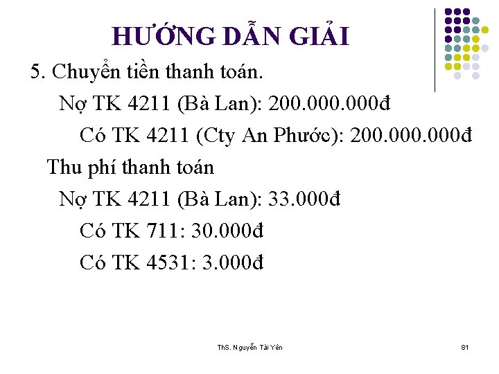 HƯỚNG DẪN GIẢI 5. Chuyển tiền thanh toán. Nợ TK 4211 (Bà Lan): 200.