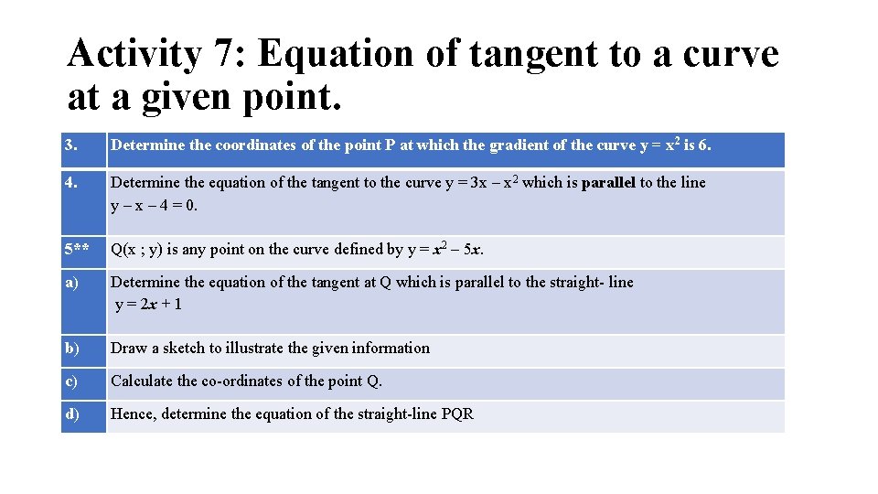 Activity 7: Equation of tangent to a curve at a given point. 3. Determine Activity 7: Equation of tangent to a curve at a given point. 3. Determine
