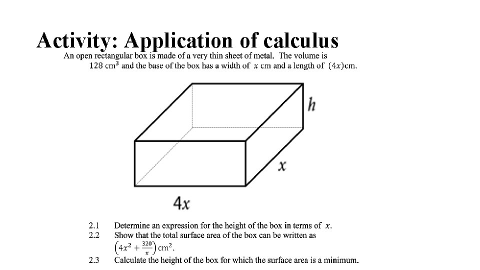 Activity: Application of calculus Activity: Application of calculus