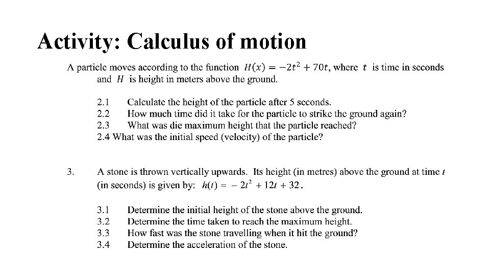 Activity: Calculus of motion Activity: Calculus of motion