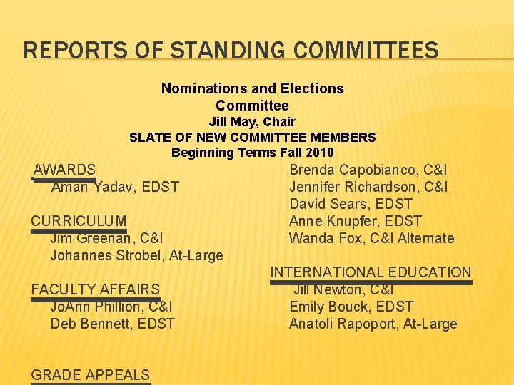 REPORTS OF STANDING COMMITTEES Nominations and Elections Committee Jill May, Chair SLATE OF NEW