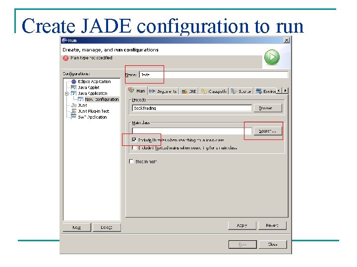 Create JADE configuration to run 