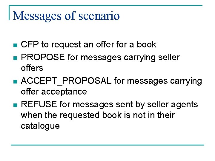 Messages of scenario n n CFP to request an offer for a book PROPOSE