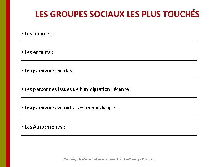 LES GROUPES SOCIAUX LES PLUS TOUCHÉS • Les femmes : ____________________________________ • Les enfants