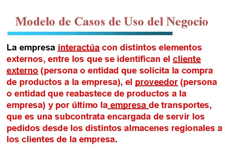 Modelo de Casos de Uso del Negocio La empresa interactúa con distintos elementos externos,