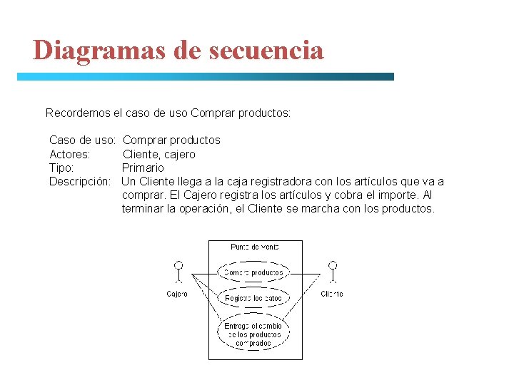 Diagramas de secuencia Recordemos el caso de uso Comprar productos: Caso de uso: Actores: