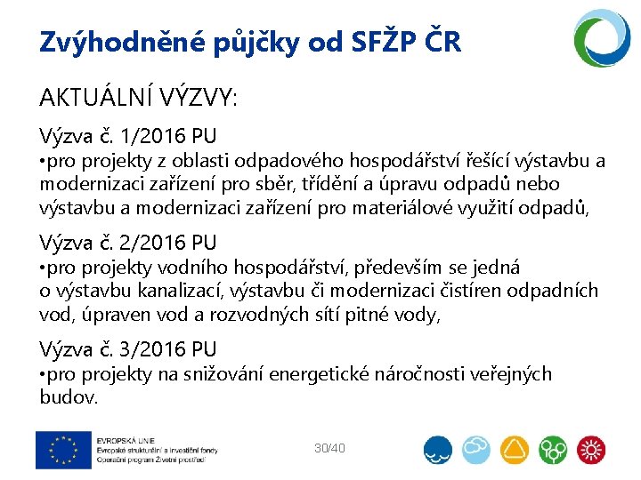 Zvýhodněné půjčky od SFŽP ČR AKTUÁLNÍ VÝZVY: Výzva č. 1/2016 PU • projekty z