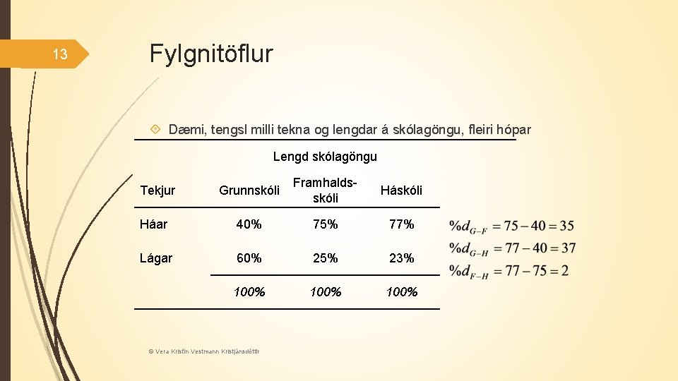 13 Fylgnitöflur Dæmi, tengsl milli tekna og lengdar á skólagöngu, fleiri hópar Lengd skólagöngu