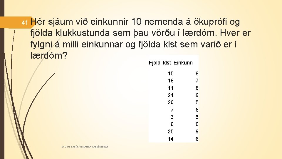 41 Hér sjáum við einkunnir 10 nemenda á ökuprófi og fjölda klukkustunda sem þau