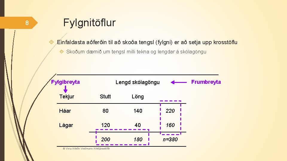 8 Fylgnitöflur Einfaldasta aðferðin til að skoða tengsl (fylgni) er að setja upp krosstöflu