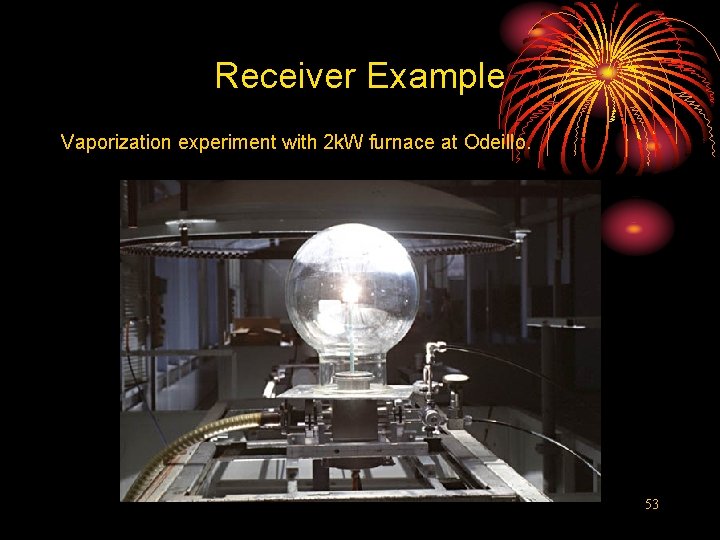 Receiver Example Vaporization experiment with 2 k. W furnace at Odeillo. 53 