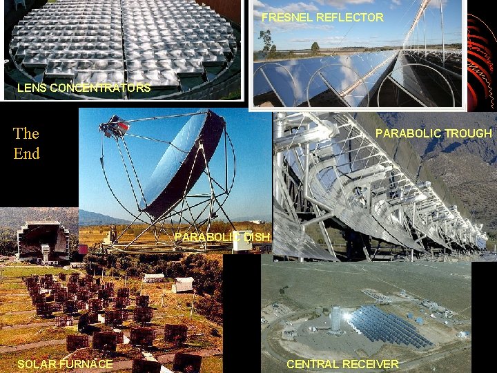 FRESNEL REFLECTOR LENS CONCENTRATORS The End PARABOLIC TROUGH PARABOLIC DISH & ENGINE SOLAR FURNACE