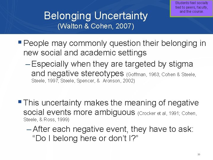Belonging Uncertainty Students feel socially tied to peers, faculty, and the course. (Walton &