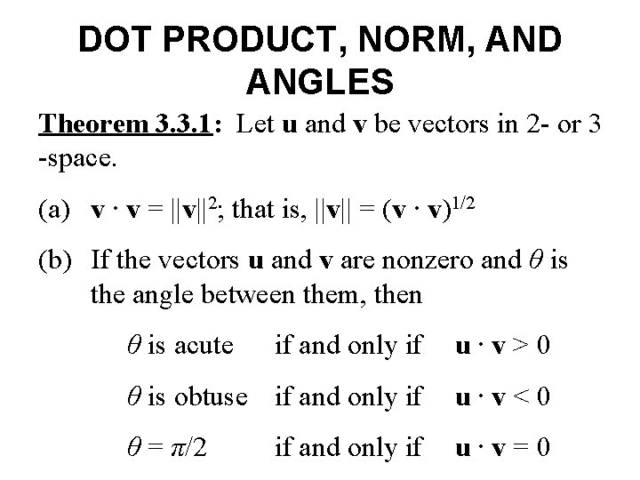 DOT PRODUCT, NORM, AND ANGLES Theorem 3. 3. 1: Let u and v be